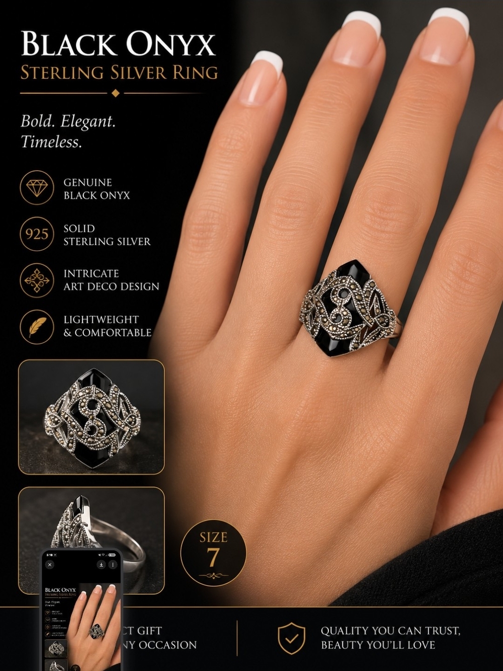 Black Onyx Sterling Silver Ring – Women's Size 7